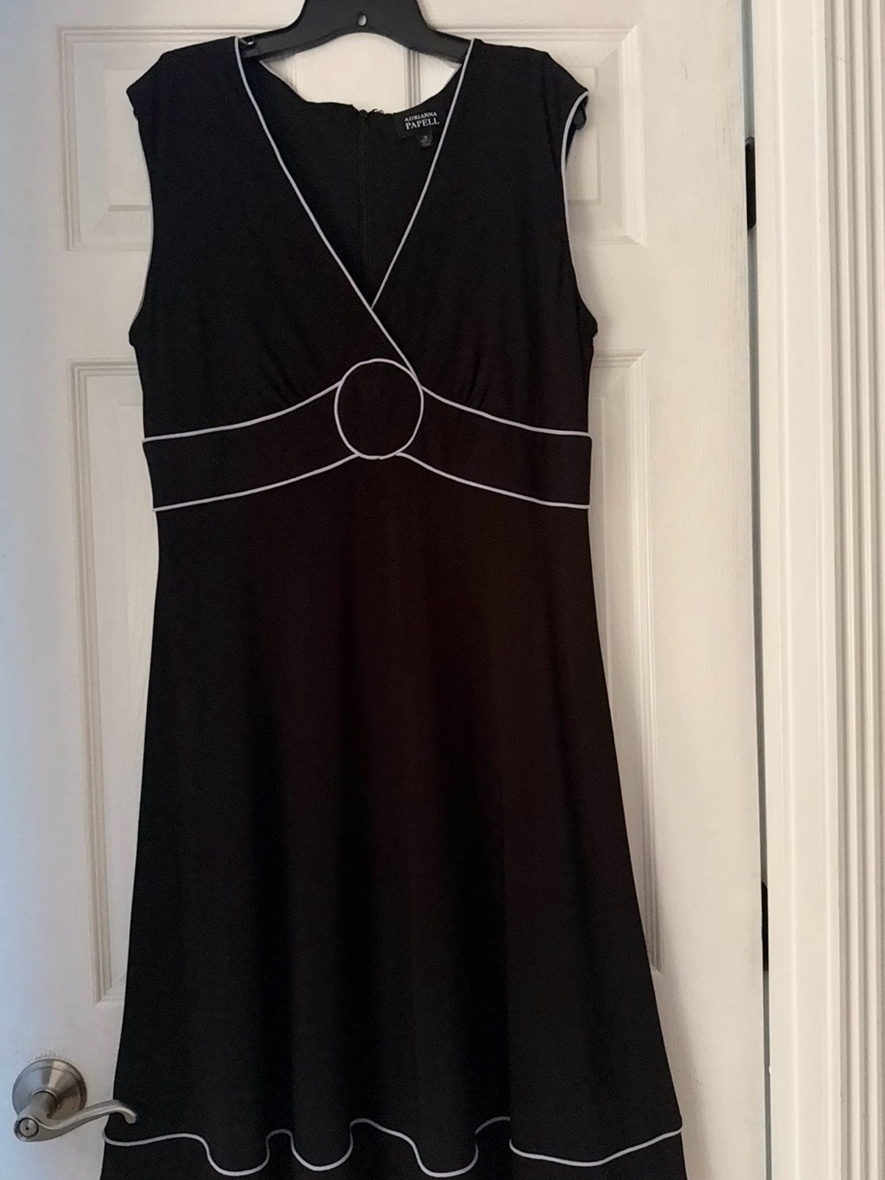 Adrianna Papell Black V-Neck Dress with White Piping